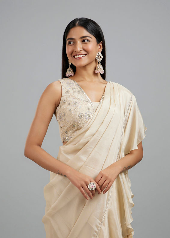 Mohey Women Elegant Cream Pre Draped Saree