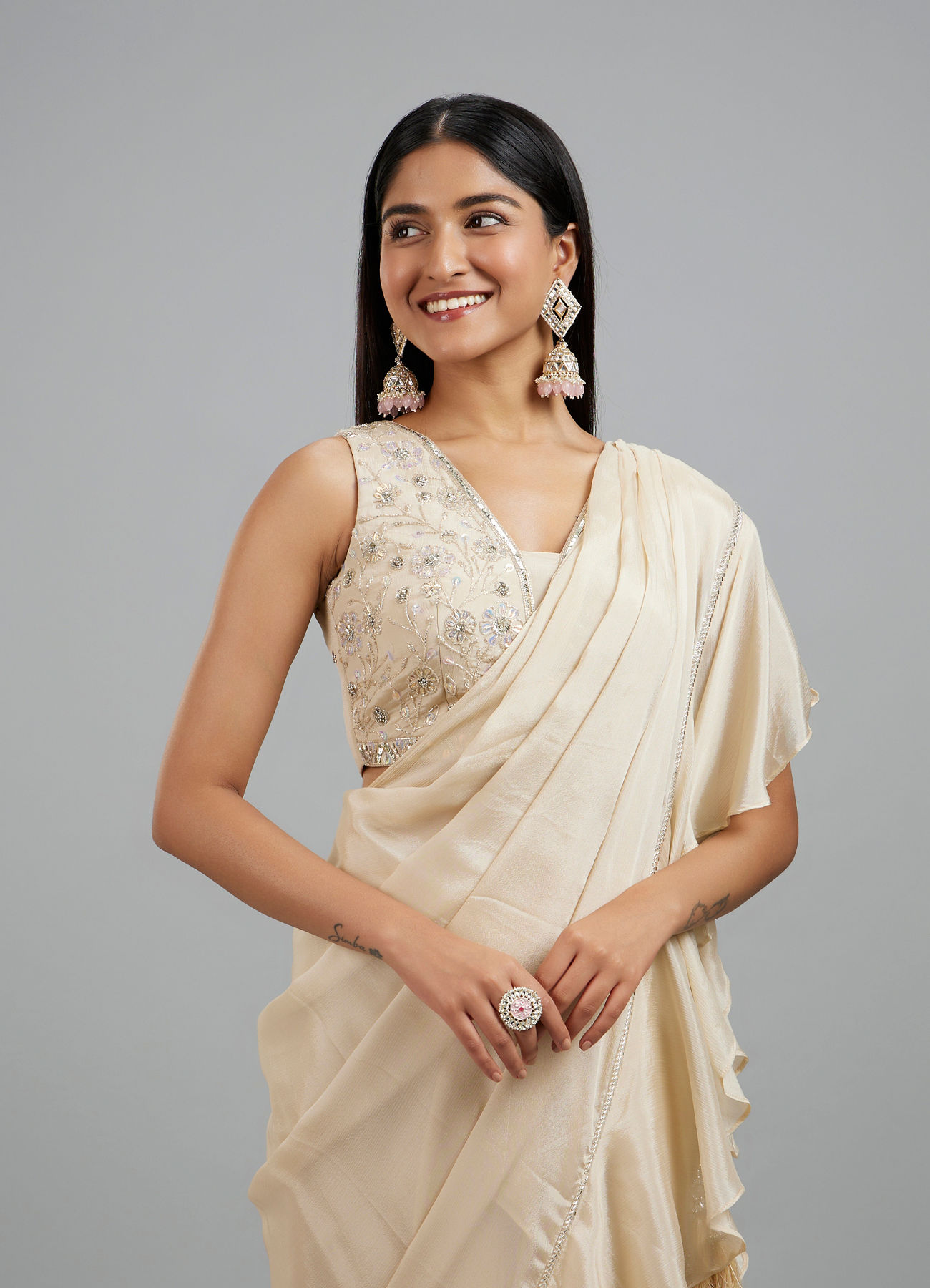 Mohey Women Elegant Cream Pre Draped Saree