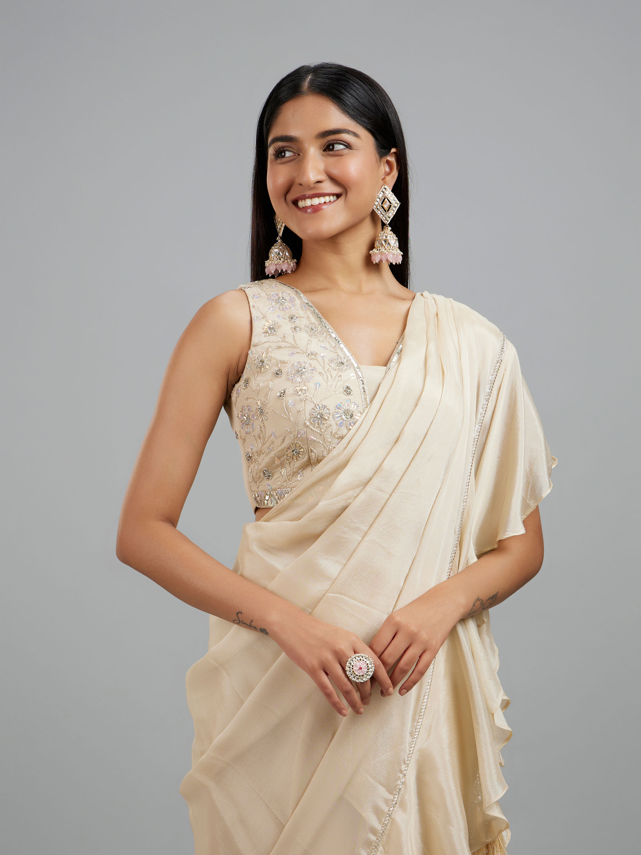Mohey Women Elegant Cream Pre Draped Saree