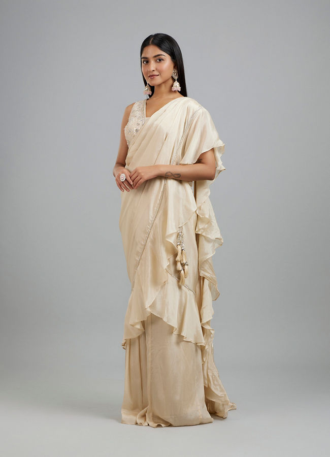Mohey Women Elegant Cream Pre Draped Saree