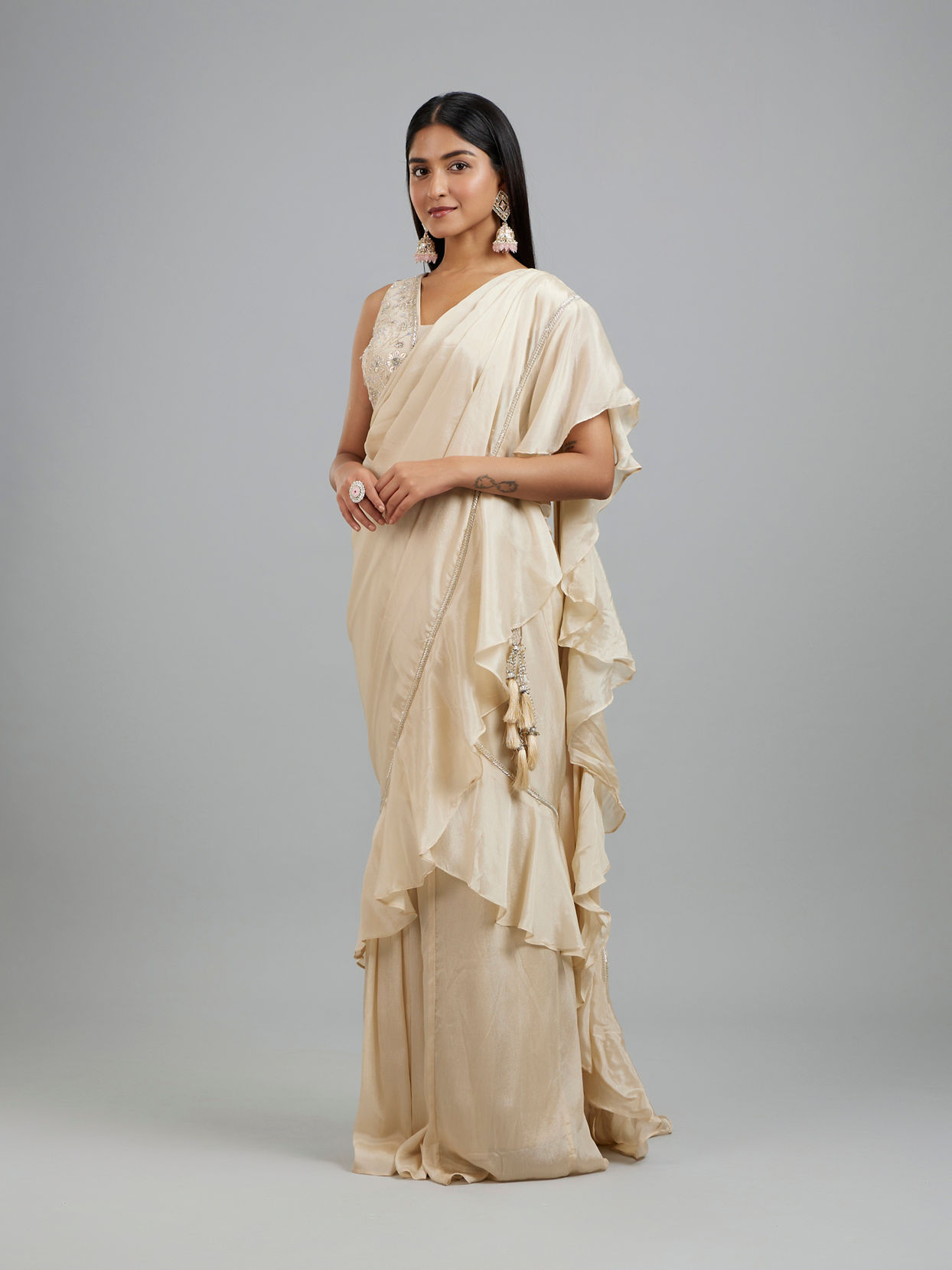 Mohey Women Elegant Cream Pre Draped Saree