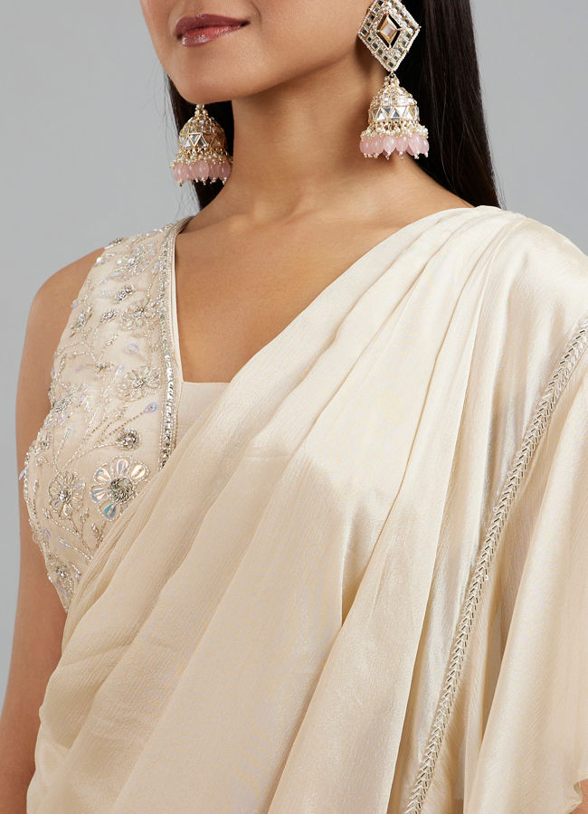 Mohey Women Elegant Cream Pre Draped Saree