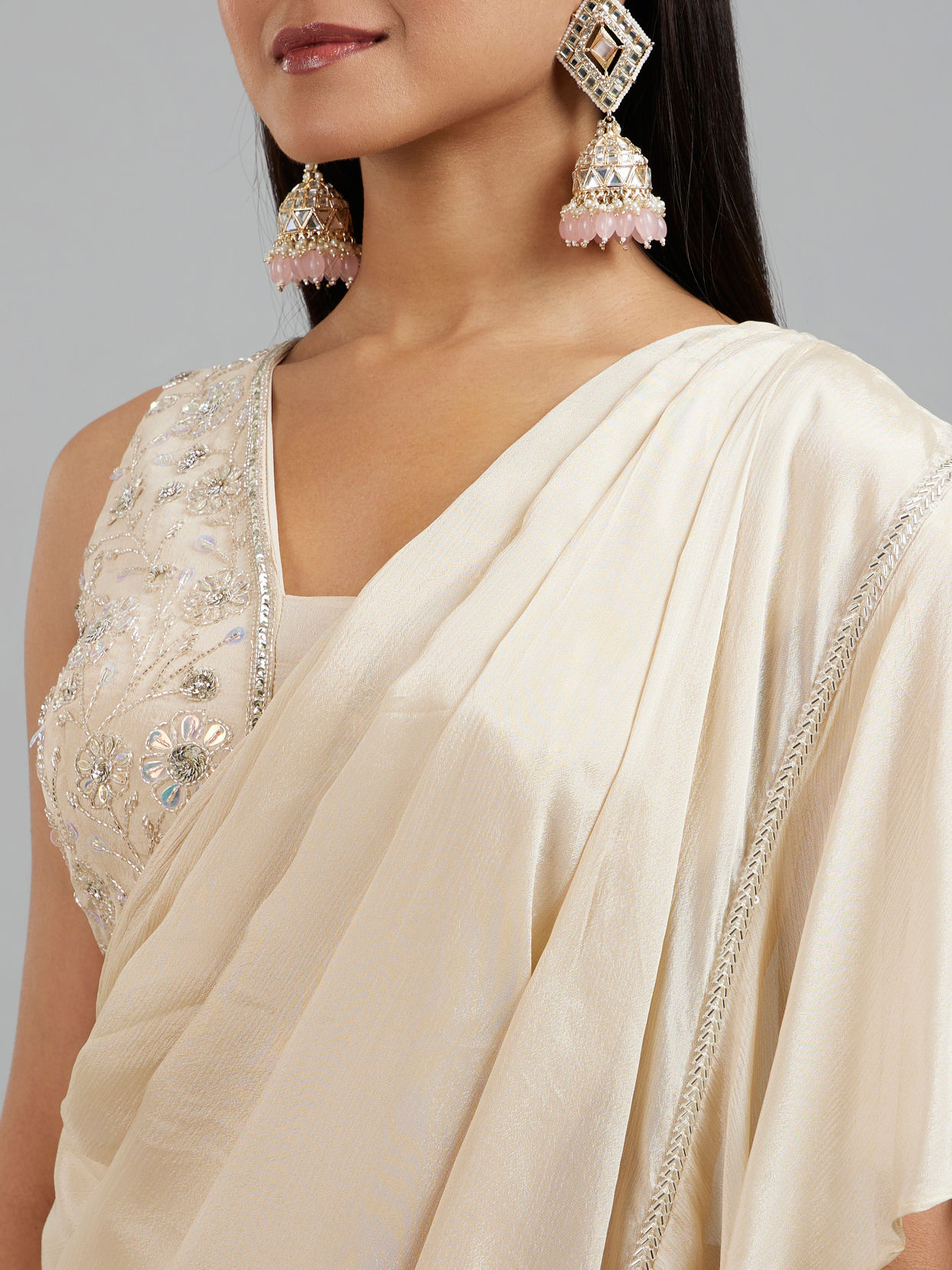 Mohey Women Elegant Cream Pre Draped Saree