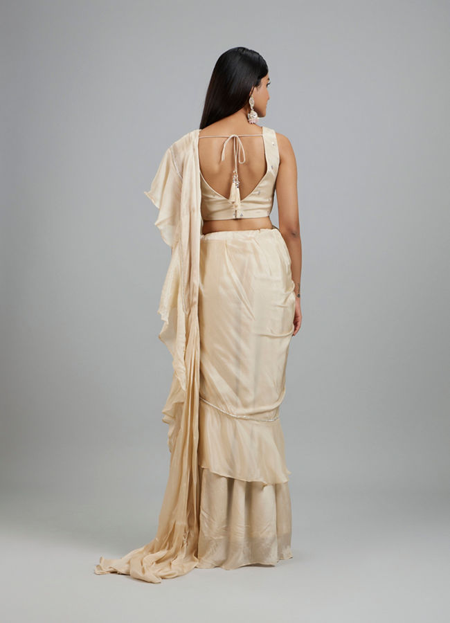 Mohey Women Elegant Cream Pre Draped Saree