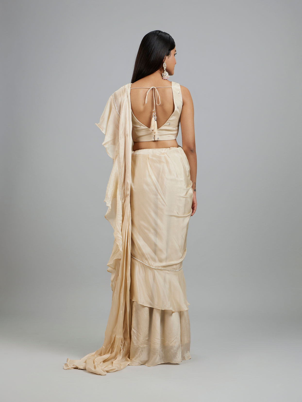 Mohey Women Elegant Cream Pre Draped Saree