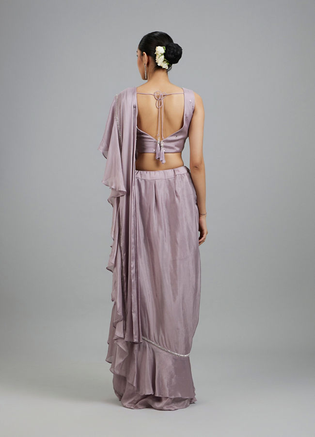 Mohey Women Purple Chinon Pre Draped Saree