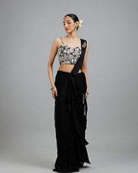 Mohey Women Black Chinon Pre Draped Saree