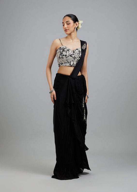 Mohey Women Black Chinon Pre Draped Saree