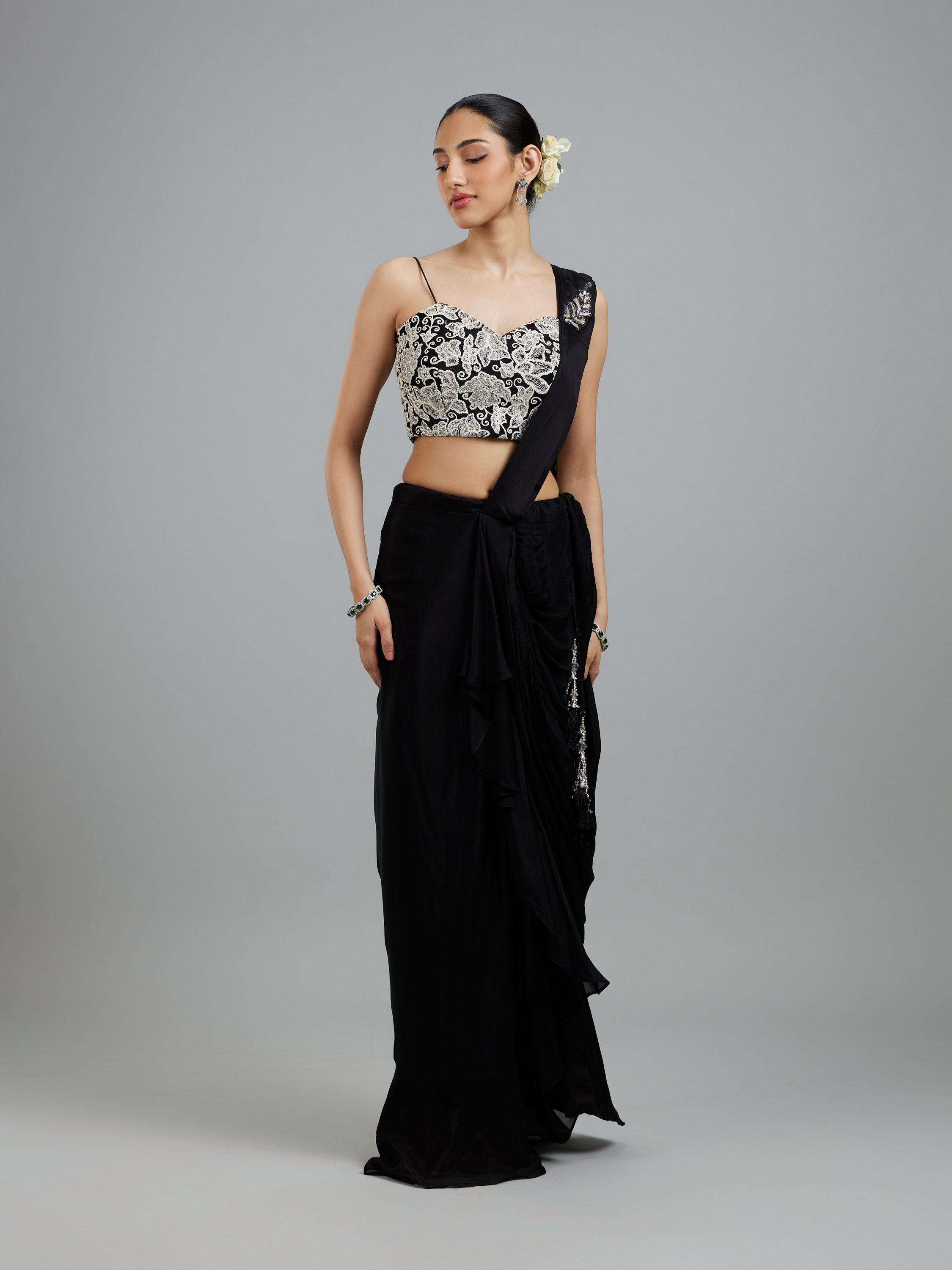 Mohey Women Black Chinon Pre Draped Saree