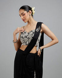 Mohey Women Black Chinon Pre Draped Saree