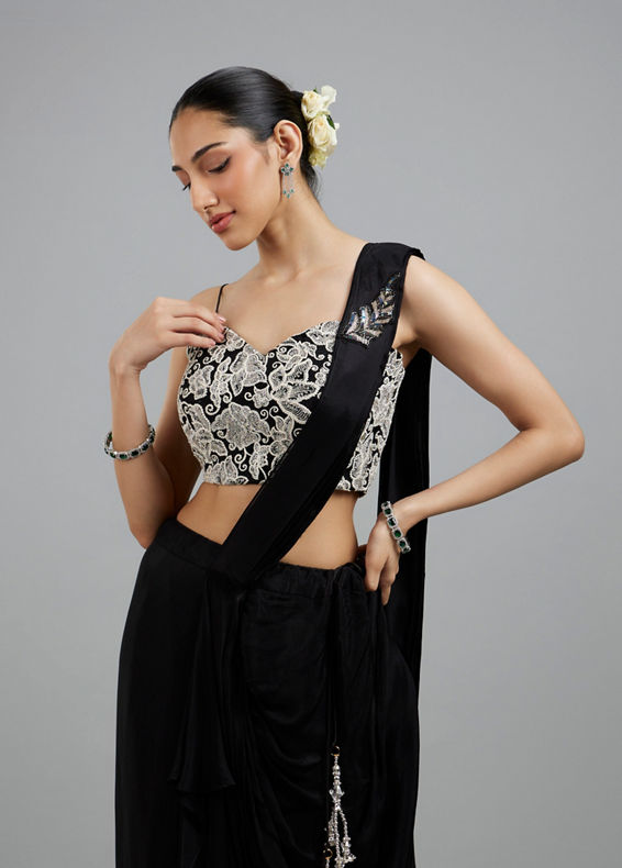 Mohey Women Black Chinon Pre Draped Saree