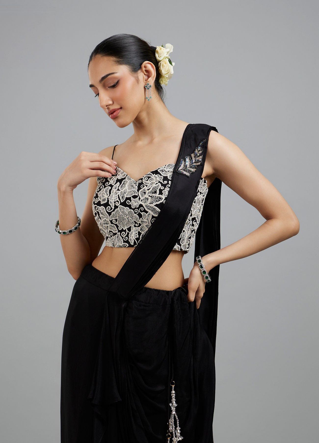 Mohey Women Black Chinon Pre Draped Saree