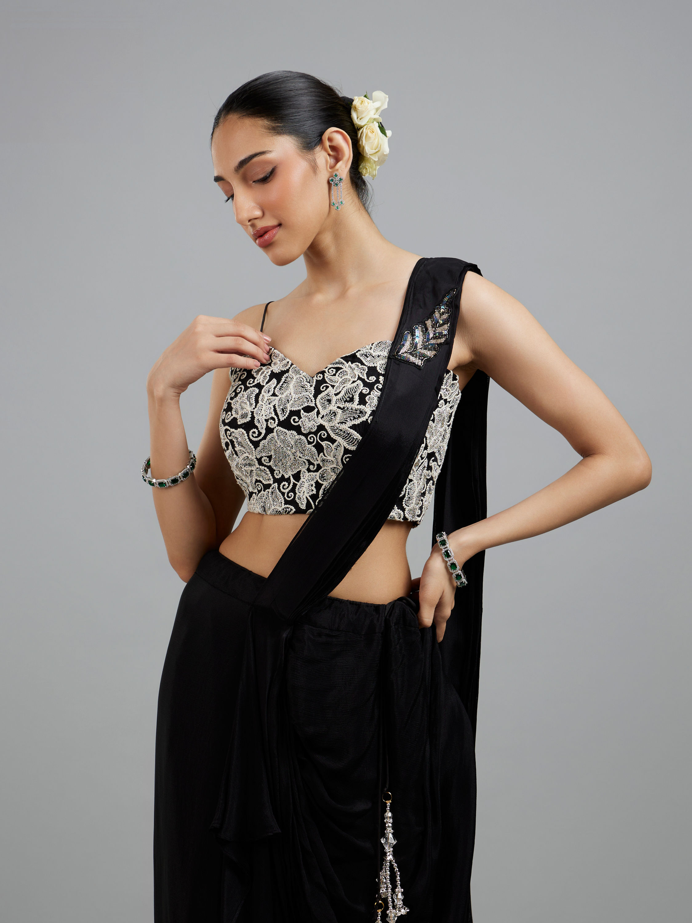 Mohey Women Black Chinon Pre Draped Saree