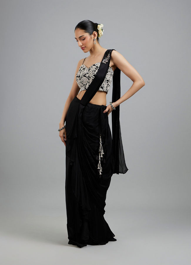 Mohey Women Black Chinon Pre Draped Saree
