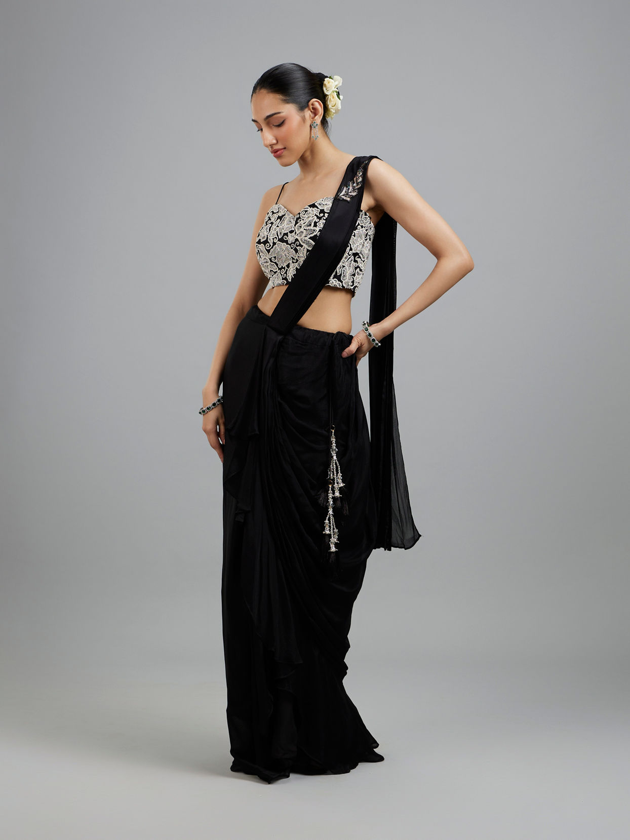Mohey Women Black Chinon Pre Draped Saree