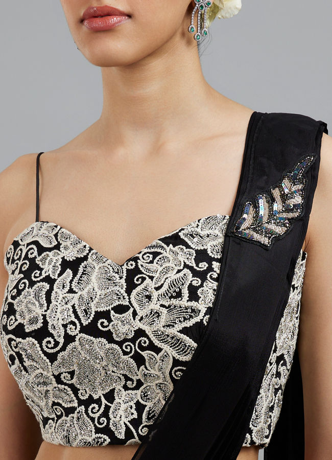 Mohey Women Black Chinon Pre Draped Saree