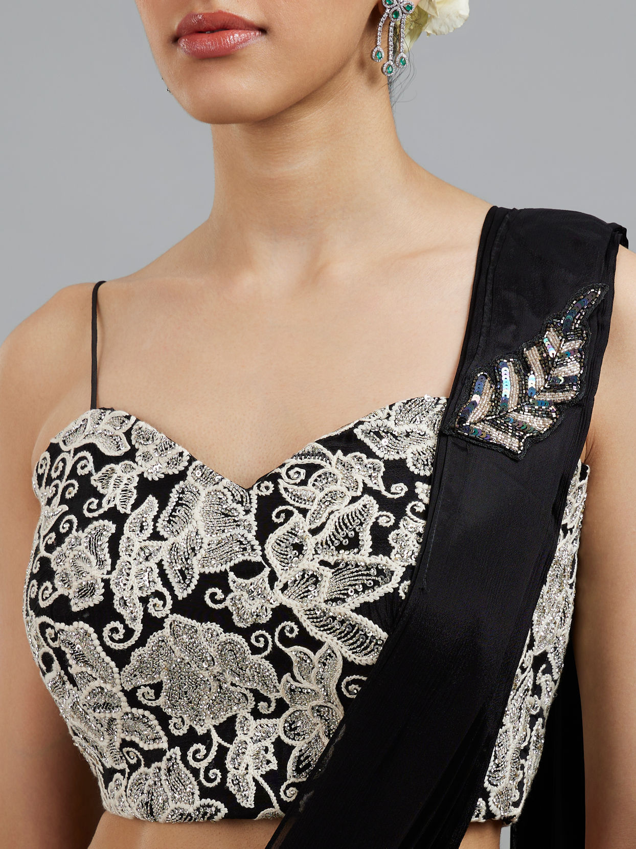 Mohey Women Black Chinon Pre Draped Saree