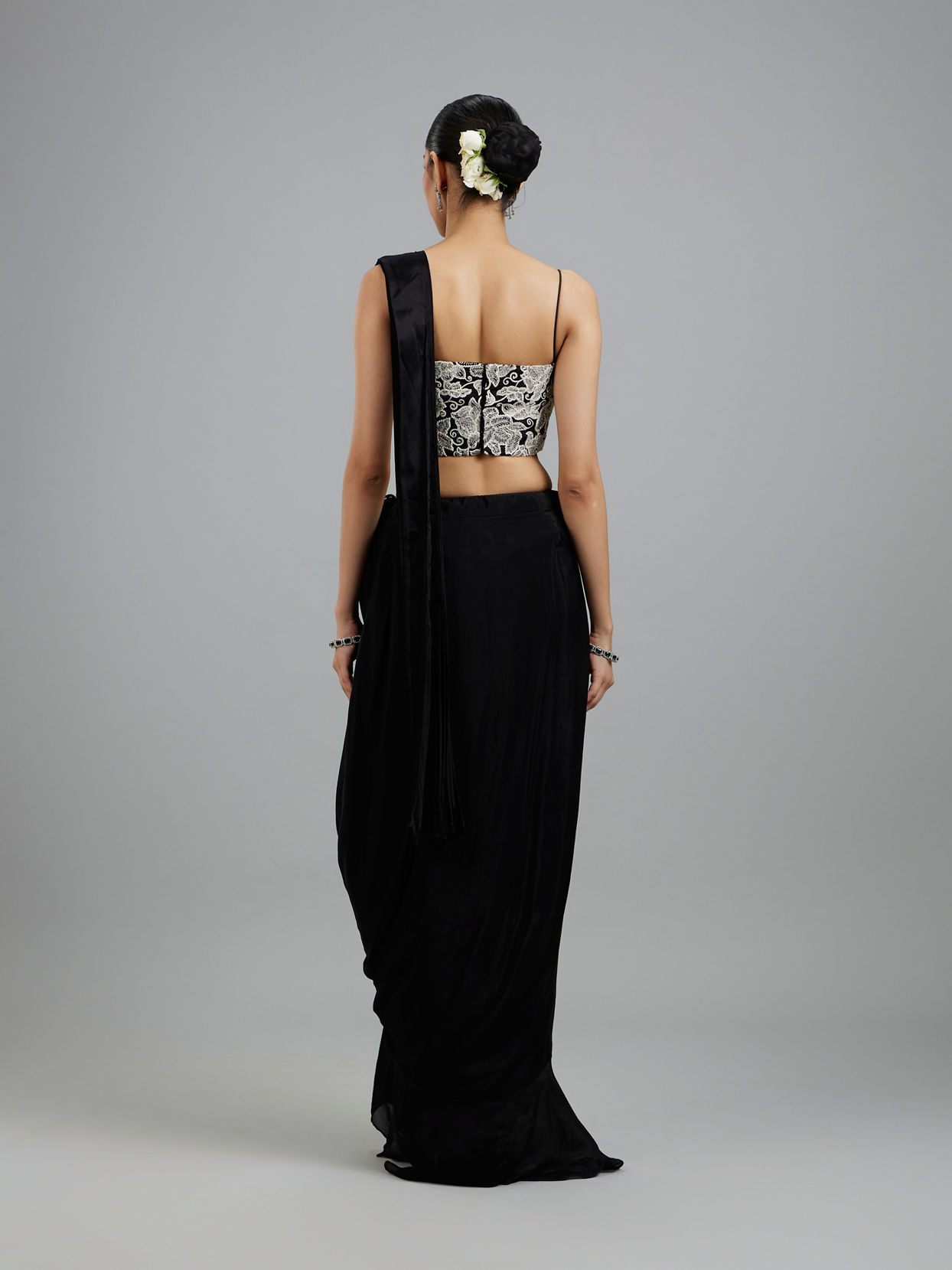 Mohey Women Black Chinon Pre Draped Saree