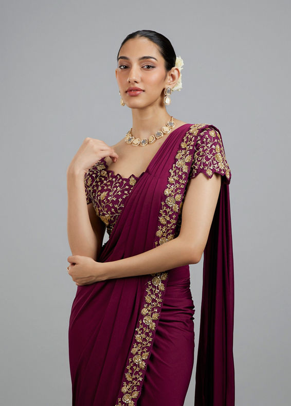 Mohey Women Elegant Wine Pre Draped Saree