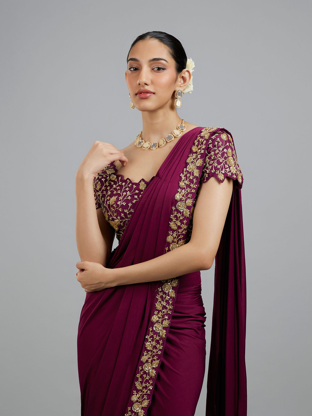 Mohey Women Elegant Wine Pre Draped Saree