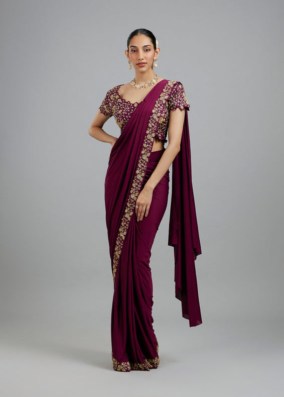 Mohey Women Elegant Wine Pre Draped Saree