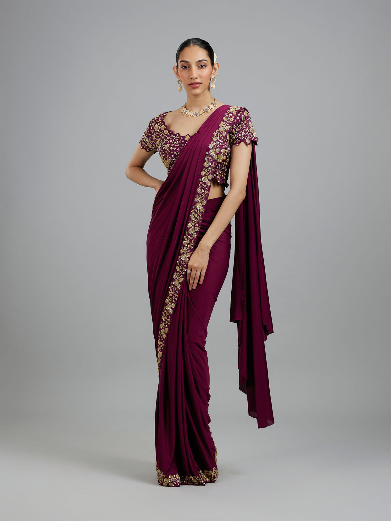 Mohey Women Elegant Wine Pre Draped Saree