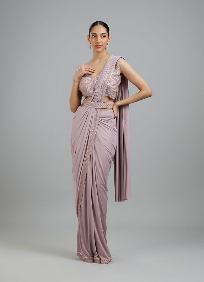 Mohey Women Regal Purple Pre Draped Saree