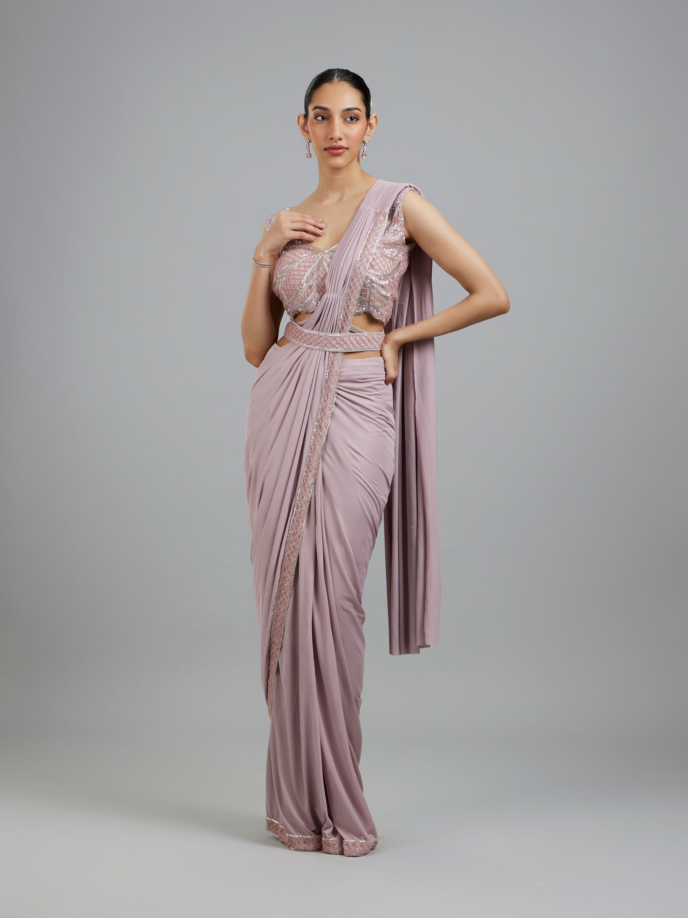 Mohey Women Regal Purple Pre Draped Saree