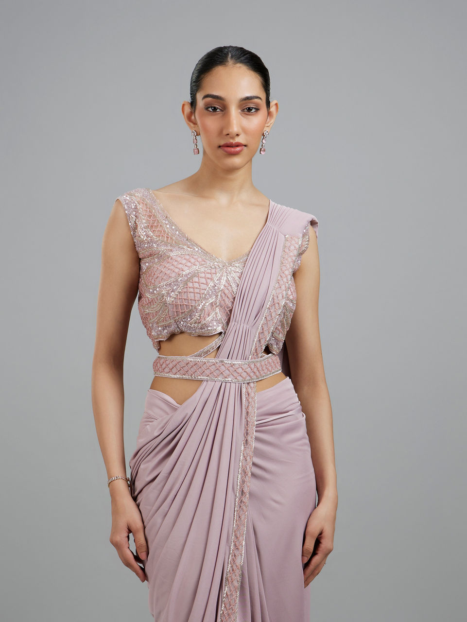 Mohey Women Regal Purple Pre Draped Saree