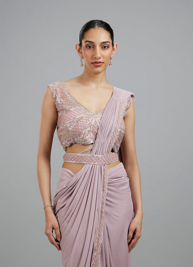 Mohey Women Regal Purple Pre Draped Saree