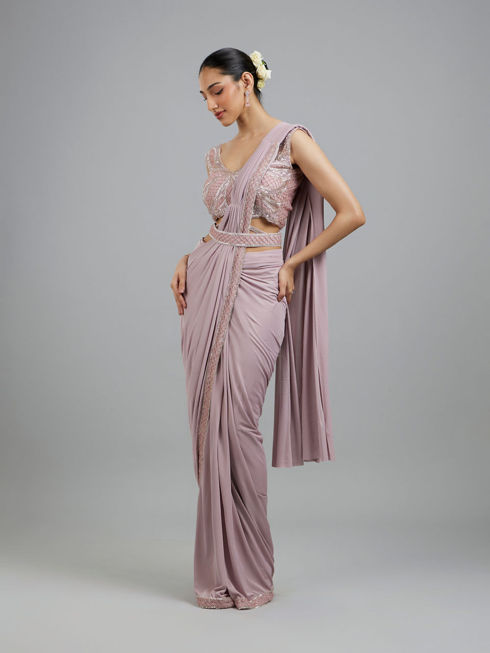 Mohey Women Regal Purple Pre Draped Saree