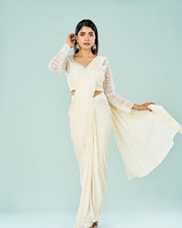 Mohey Women Cream Hued Pre Draped Saree Ensemble