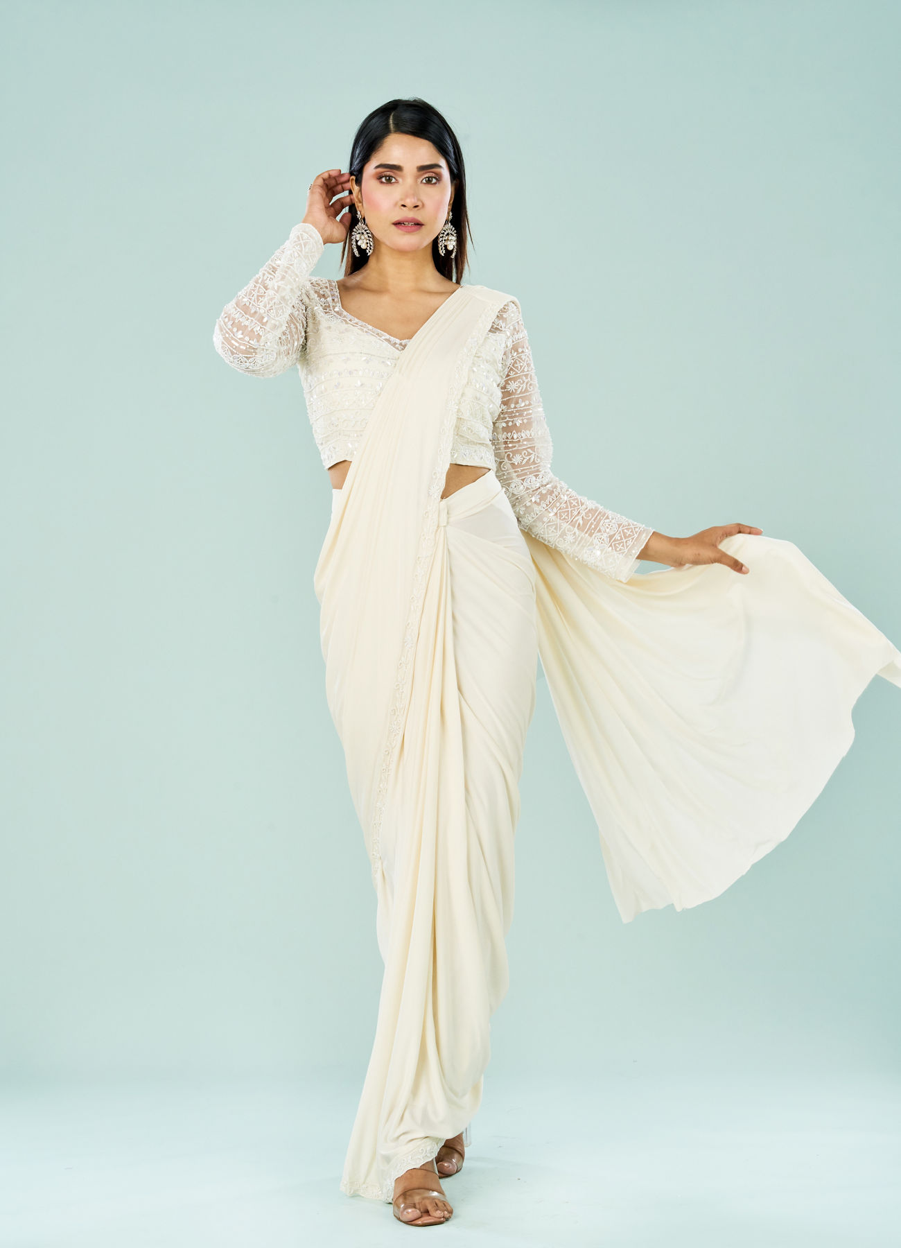 Mohey Women Cream Hued Pre Draped Saree Ensemble