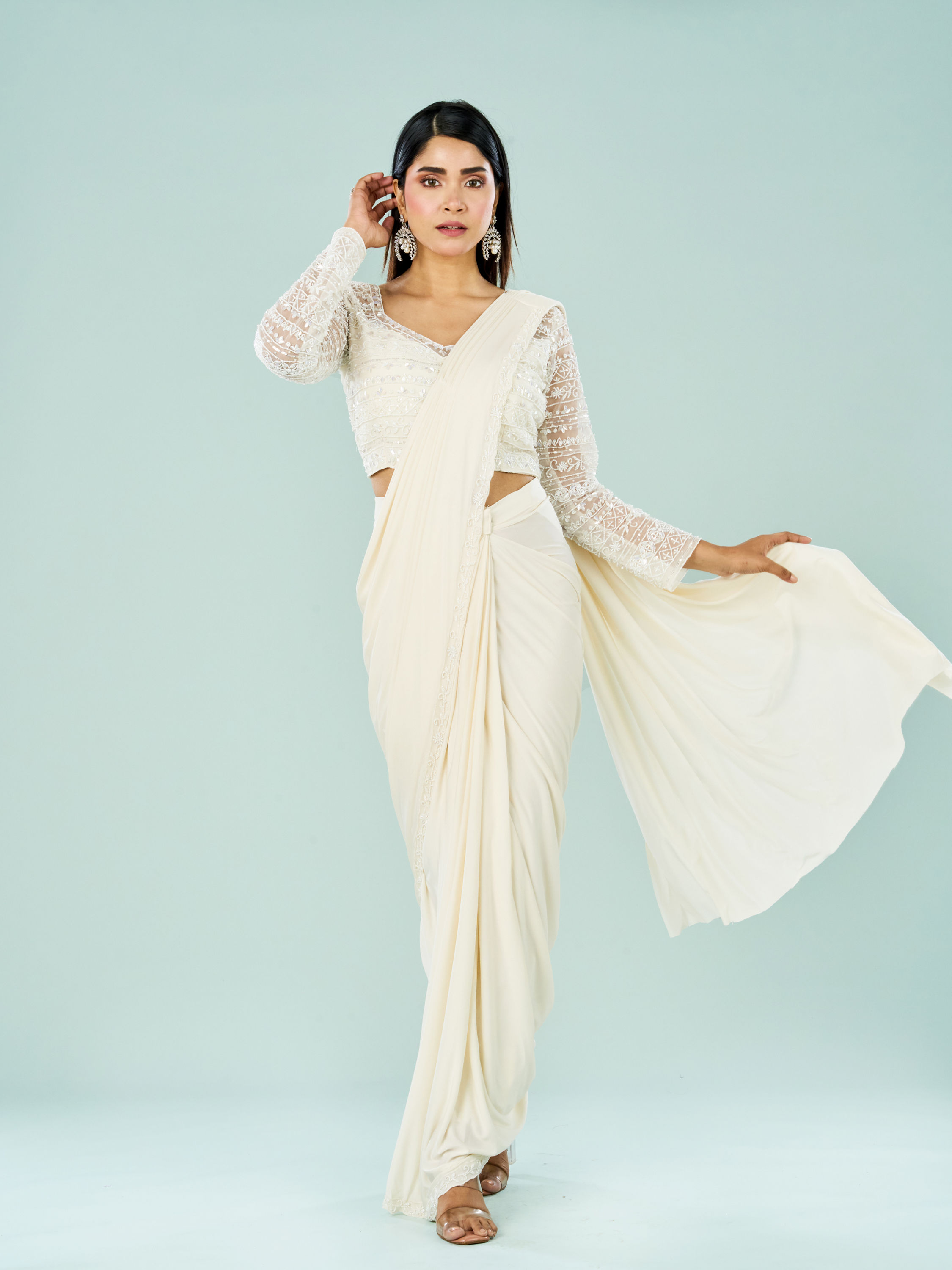 Mohey Women Cream Hued Pre Draped Saree Ensemble