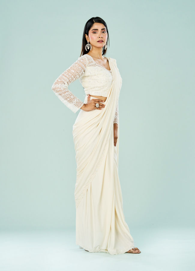 Mohey Women Cream Hued Pre Draped Saree Ensemble