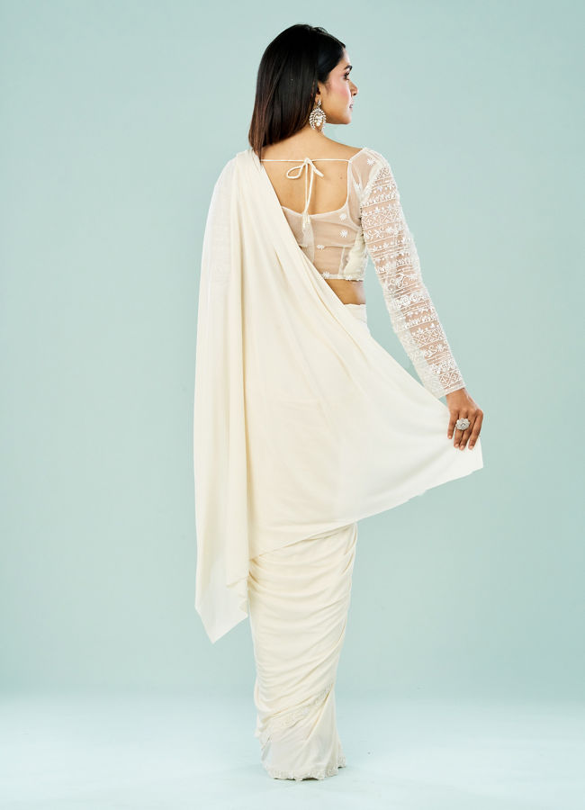 Mohey Women Cream Hued Pre Draped Saree Ensemble