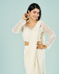 Mohey Women Cream Hued Pre Draped Saree Ensemble