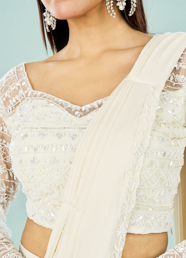 Mohey Women Cream Hued Pre Draped Saree Ensemble