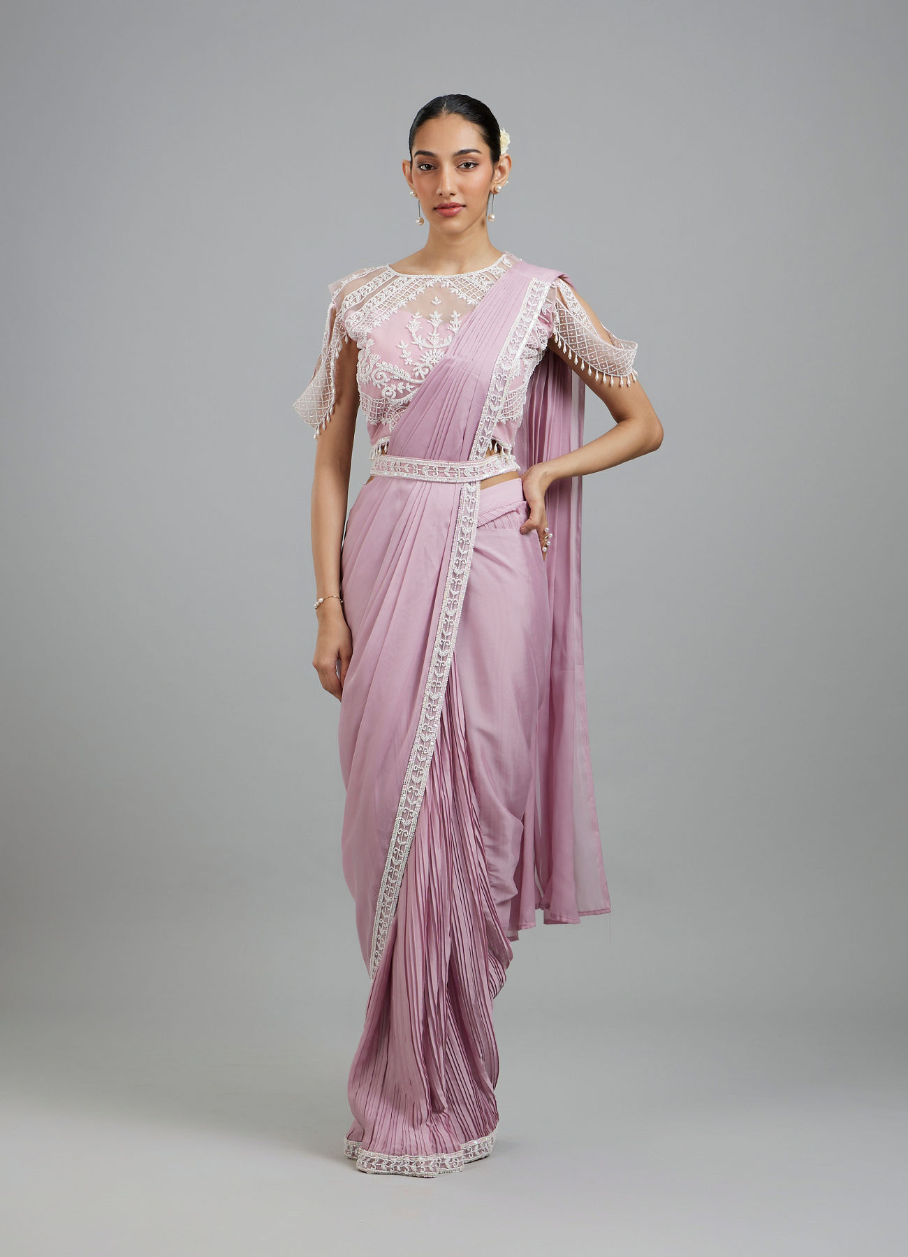 Mohey Women Glistening Purple Pre Draped Saree