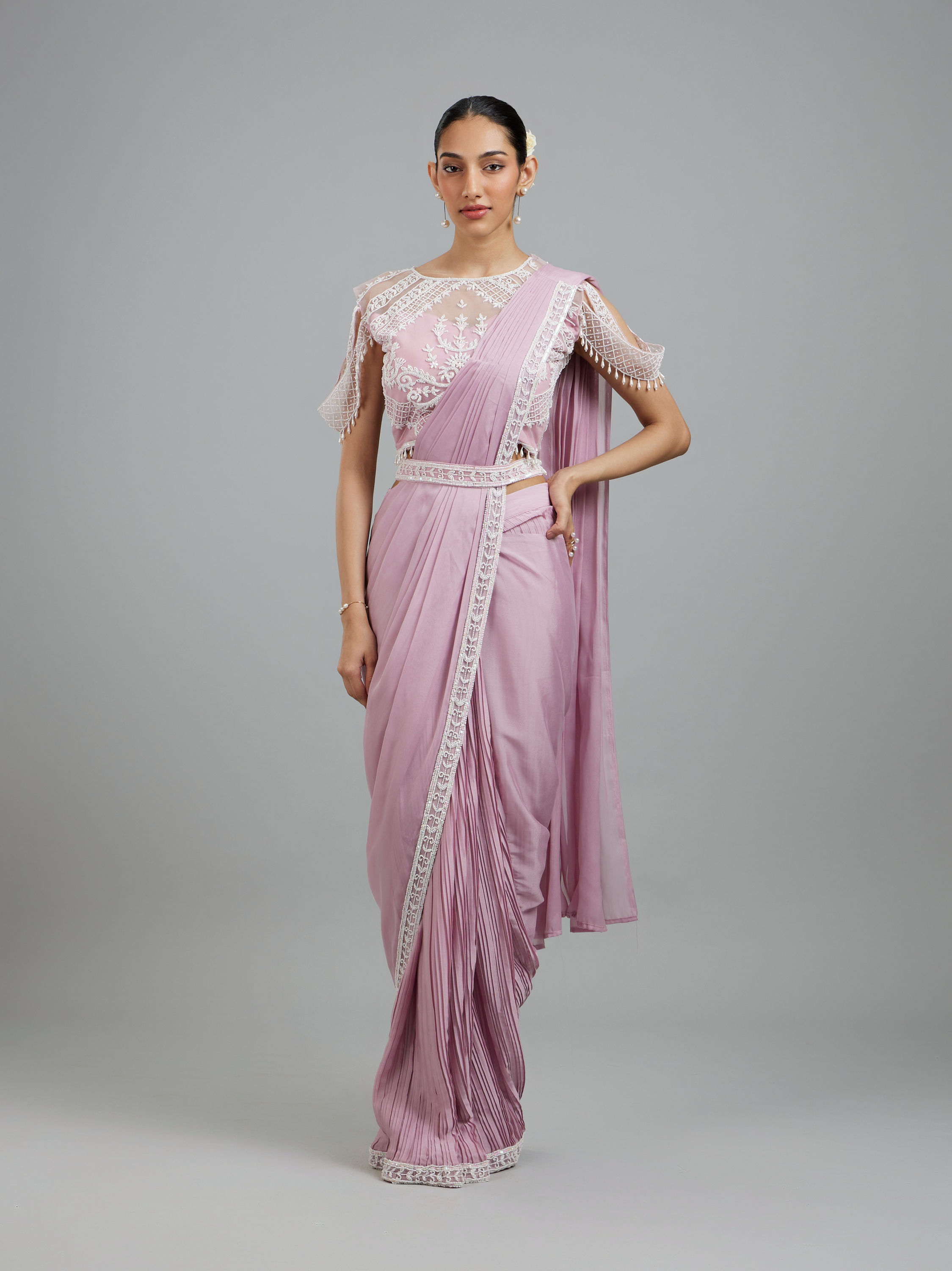 Mohey Women Glistening Purple Pre Draped Saree