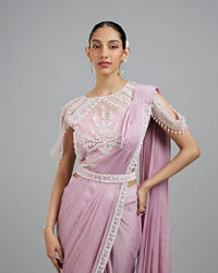 Mohey Women Glistening Purple Pre Draped Saree