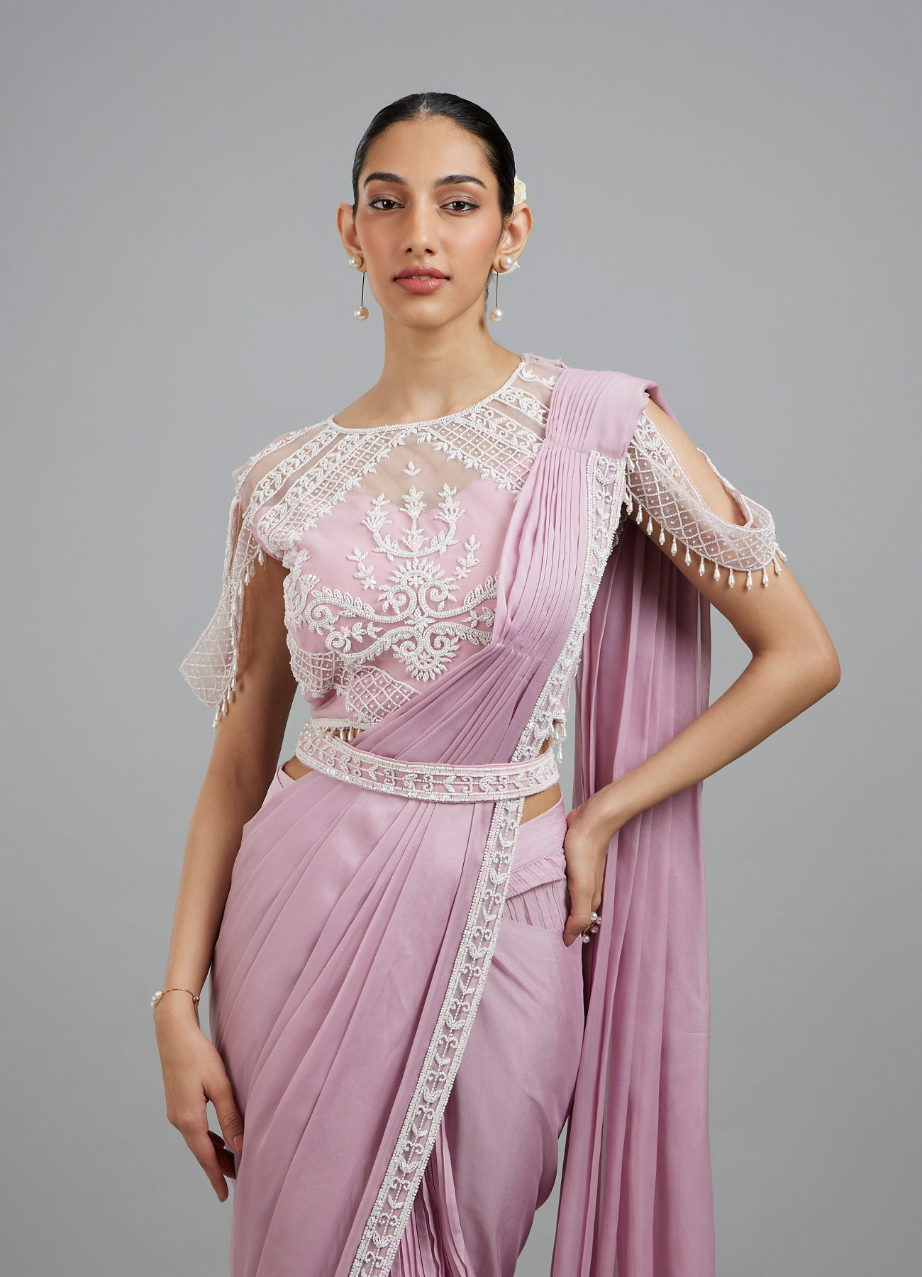 Mohey Women Glistening Purple Pre Draped Saree