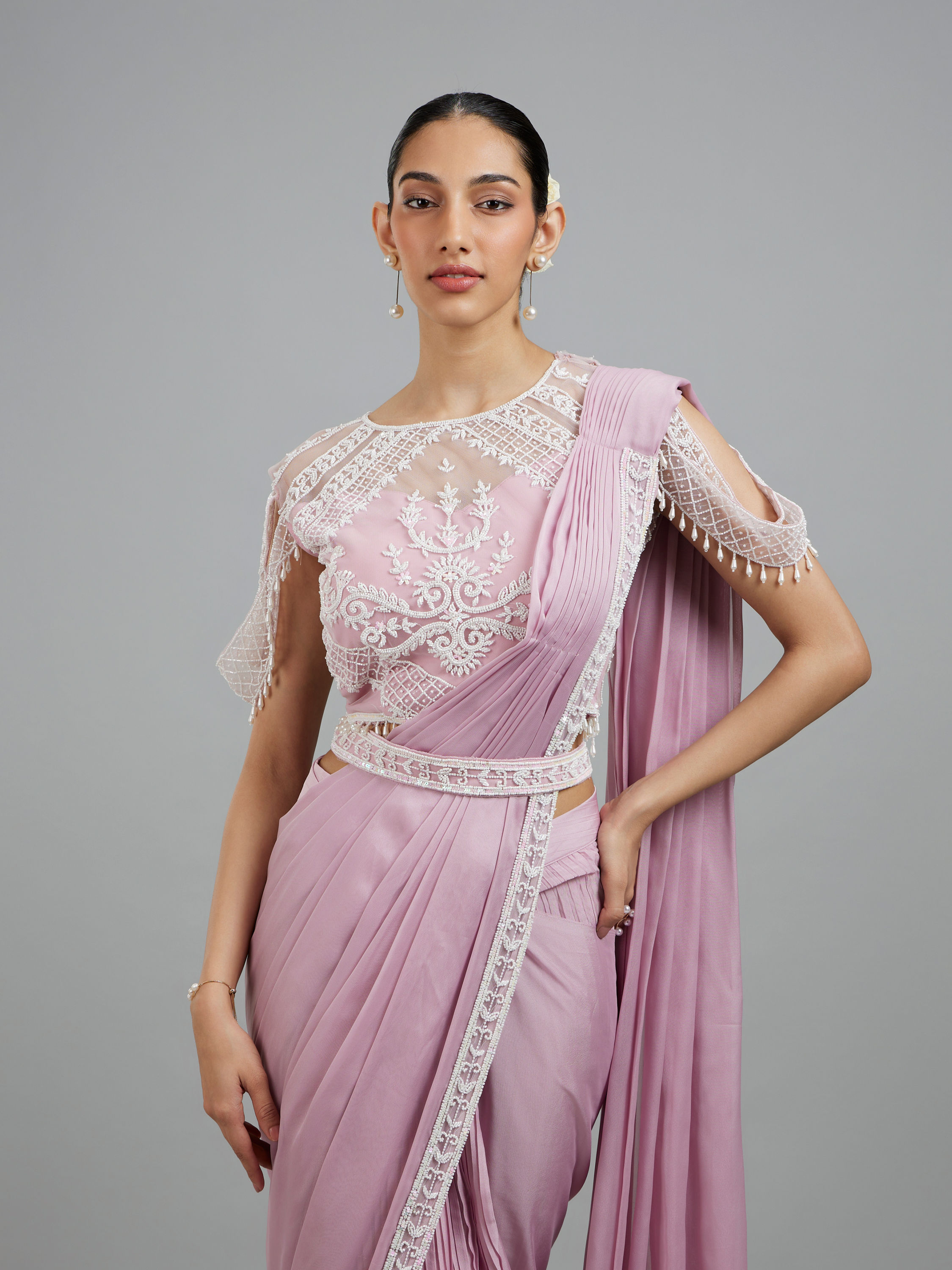 Mohey Women Glistening Purple Pre Draped Saree