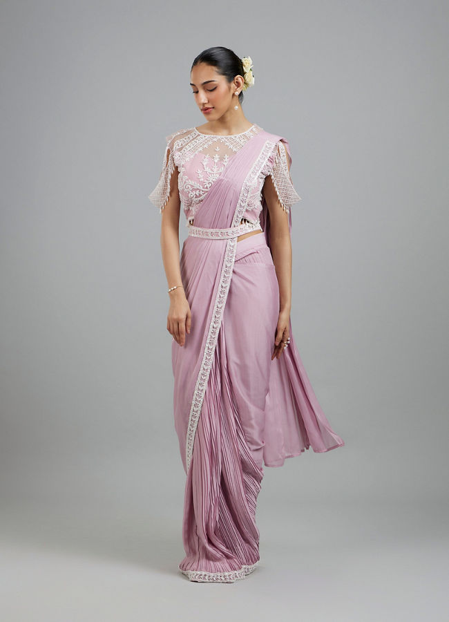 Mohey Women Glistening Purple Pre Draped Saree