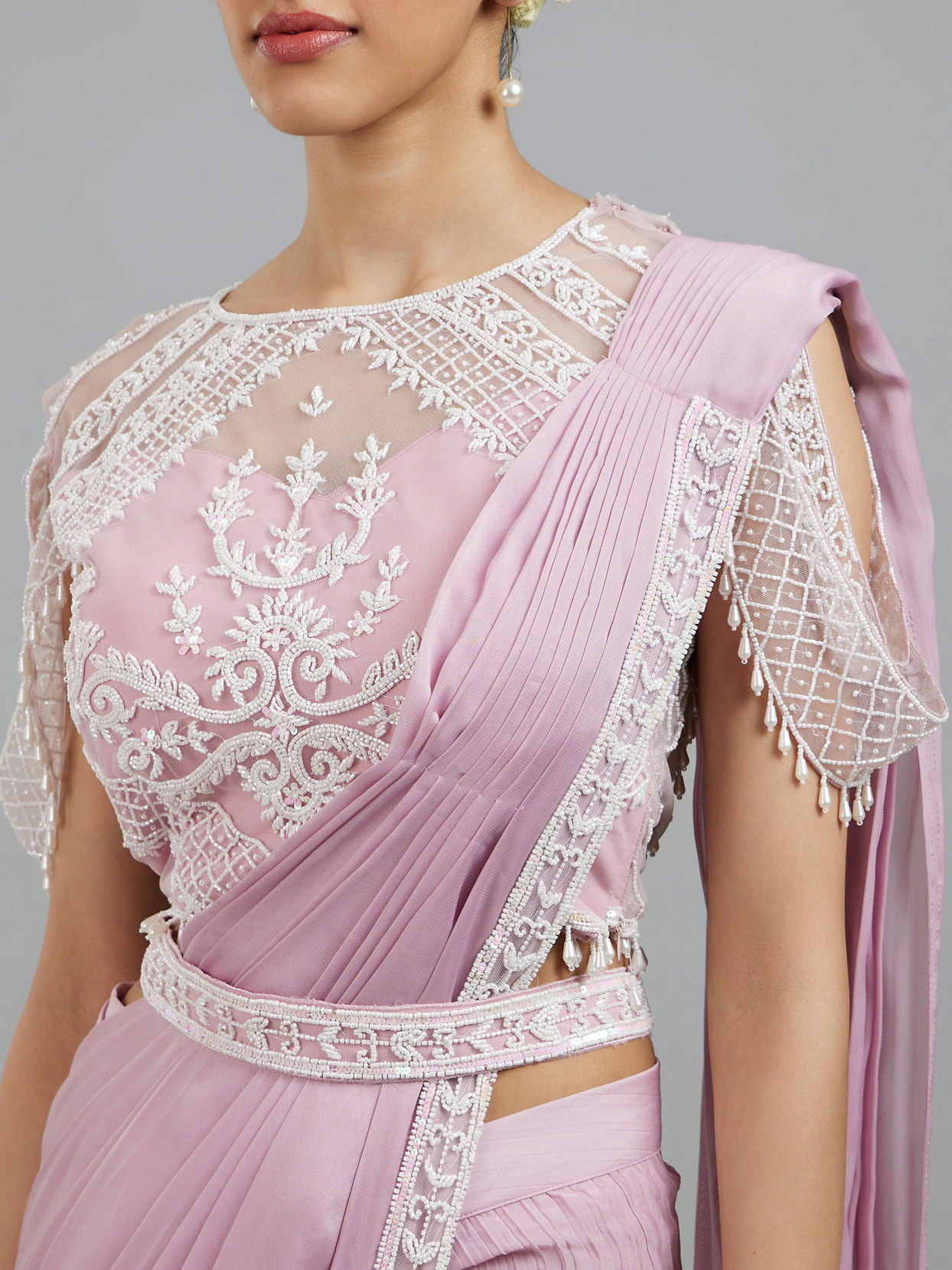 Mohey Women Glistening Purple Pre Draped Saree