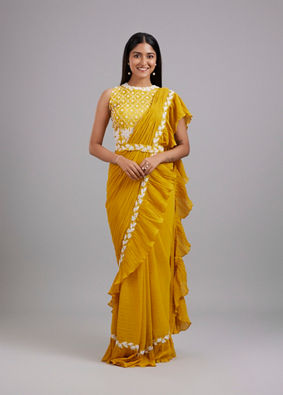 Mohey Women Sun-Kissed Yellow Georgette Pre Draped Saree