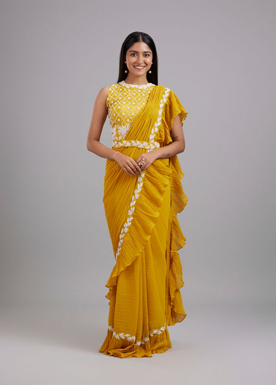 Mohey Women Sun-Kissed Yellow Georgette Pre Draped Saree