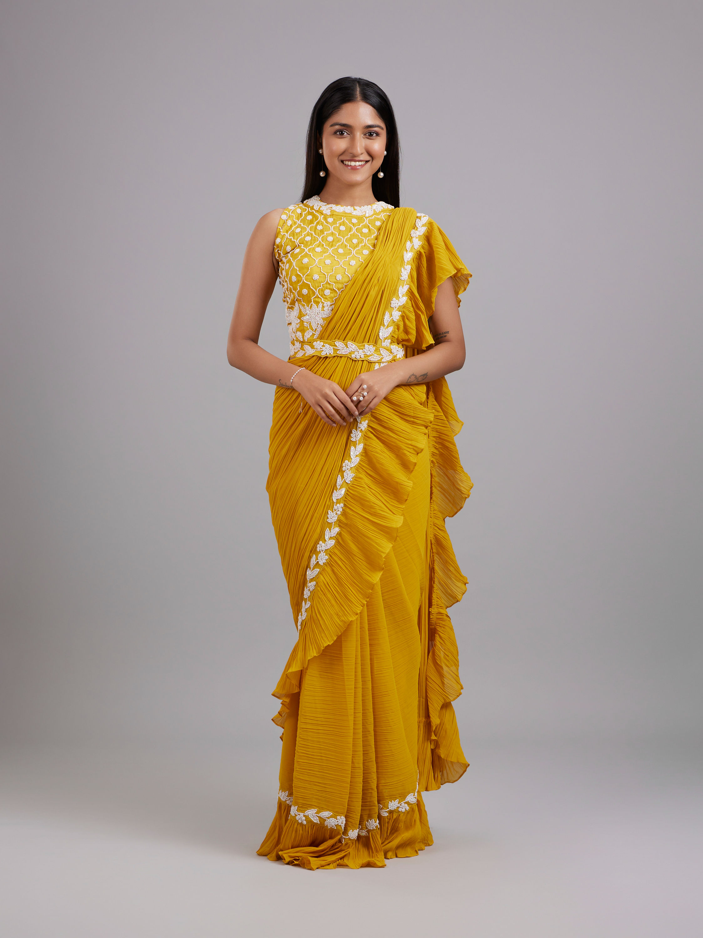 Mohey Women Sun-Kissed Yellow Georgette Pre Draped Saree