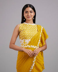Mohey Women Sun-Kissed Yellow Georgette Pre Draped Saree