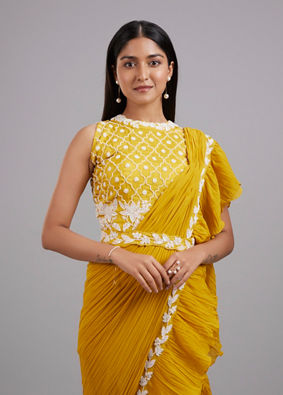Mohey Women Sun-Kissed Yellow Georgette Pre Draped Saree